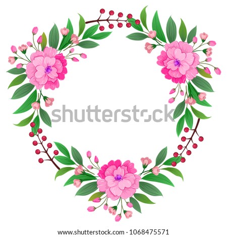 Pink flowers wreath for invitation card.