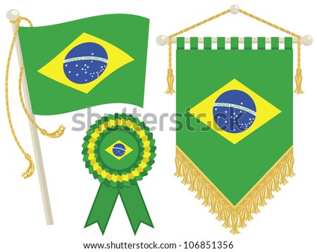 brazil flag, rosette and pennant, isolated on white