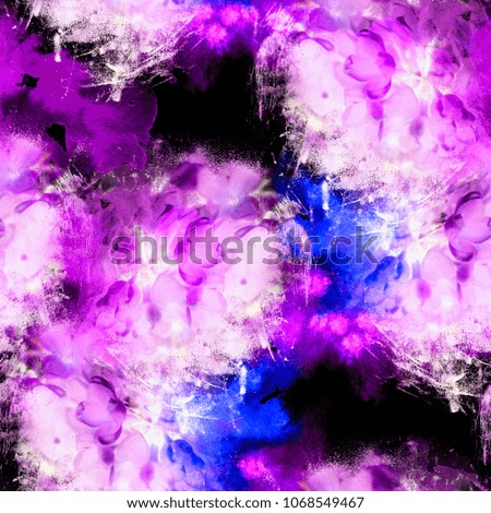 photo and watercolour spring seamless pattern with lilac flowers - digital mixed media artwork. background for textile decor and design