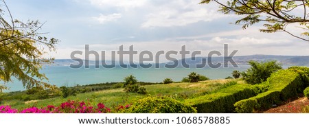 Panoramic view of the sea of Galilee the kinneret lake from the Mount of Beatitudes, Israel Royalty-Free Stock Photo #1068578885