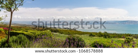 Panoramic view of the sea of Galilee the kinneret lake from the Mount of Beatitudes, Israel Royalty-Free Stock Photo #1068578888