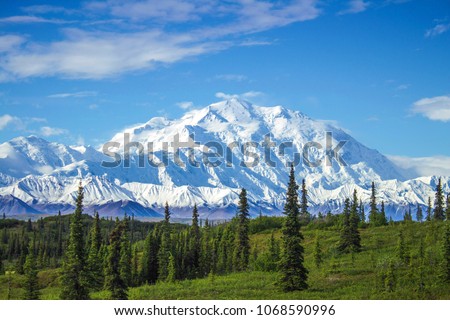 Early morning view of Mount Denali, the tallest peak in continental North America. One of those rare moments when the peak is not covered in clouds.  Royalty-Free Stock Photo #1068590996