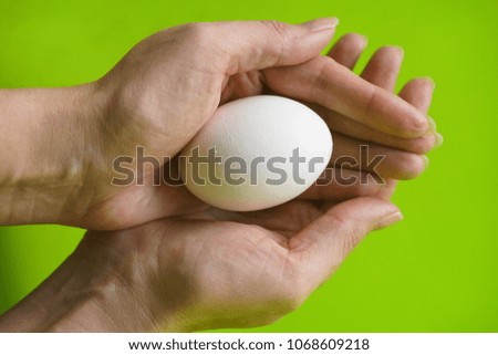 Hand Holding a of Raw Chicken Egg, Person Holding an White Egg, One Egg Delicious, Egg-Cooking Menu, Hand Shows a White Chicken Egg on a Green