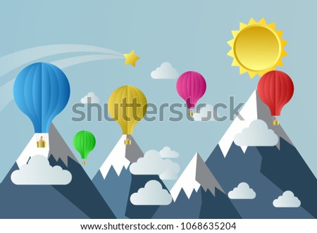 mountain with balloon illustration, papert art background