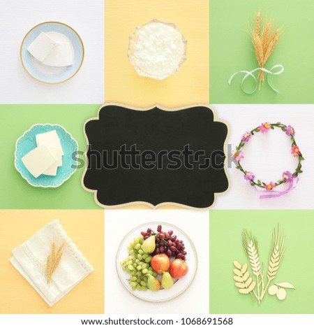 Top view collage image of dairy products and fruits. Symbols of jewish holiday - Shavuot