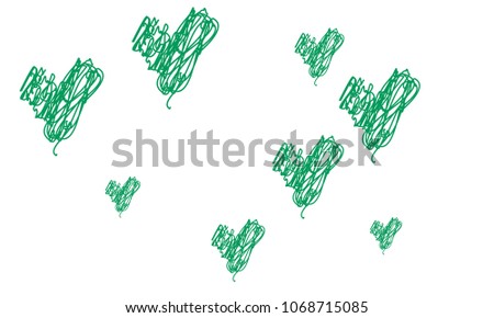 Hand Draw, Embroidered, Stylish Green Hearts of Different Size on White Background