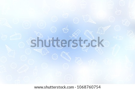 Light BLUE vector cover with set of confections. Blurred decorative design of desserts in doodle style. Template of children's food in cafe.