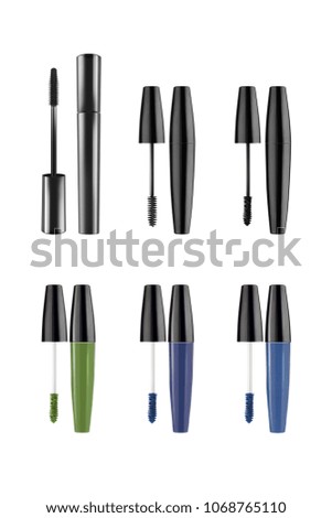 Cosmetic black and colored brushes mascara long eyelashes collection, beauty products isolated on white background, clipping paths included