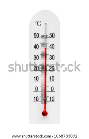 Meteorology thermometer isolated on white background. Air temperature 41 degrees. Royalty-Free Stock Photo #1068783092