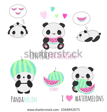 Set of cute kawaii vector panda bears eating watermelon ^^ summer sdition for stickers, patches, banners, etc. Royalty-Free Stock Photo #1068842075