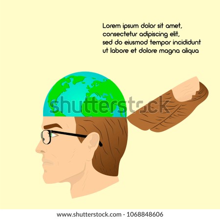 Male profile head with an open skull and a globe inside it. Vector illustration on a beige background with a text template in the top right corner. Perfect for concept of travel and education.