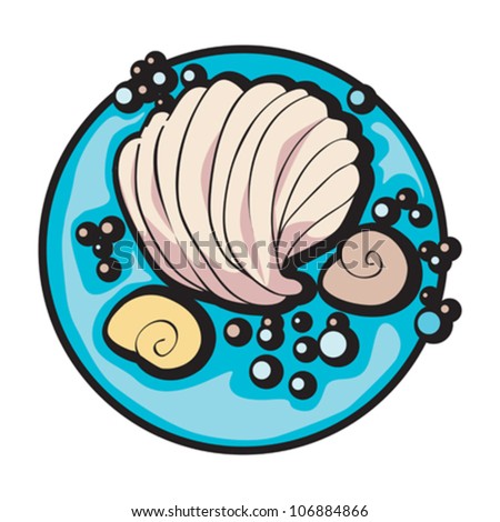 hand drawn graphic illustration of a shell and some snails under the sea, clip art isolated on white
