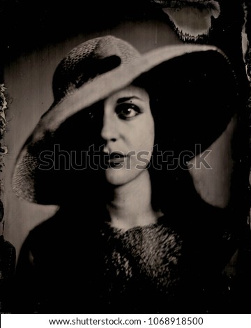  Portrait of girl with hat.Wet plate 8x10 inch. Real wet plate collodion photography with silver bath, shooted with a 150 years old brass lens.Tintype. Large format. 