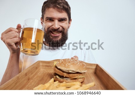  smile, alcohol, man with beer, fast food                              