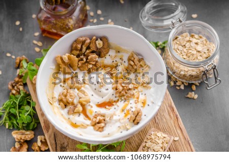 Fresh cheese with honey and walnuts, food photography, food stylind