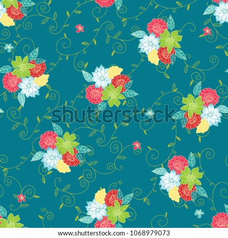 Seamless hand drawn pattern of daisy, lilly, chrysanthemum and leaves. Floral vintage background for textile or book covers, manufacturing, wallpapers, print, gift wrap and scrapbooking. Raster copy