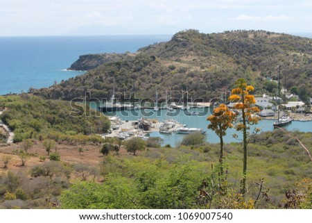 English Harbour and Falmouth bay view  in Antigua from Shirley Heights, stock, photo, photograph, picture, image West Indies