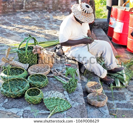 coconut palm leaf leaves Basket weaving bowls woven out of palm leaves in Caribbean Antigua also common in Asia and Thailand stock, photo, photograph, picture, image, 