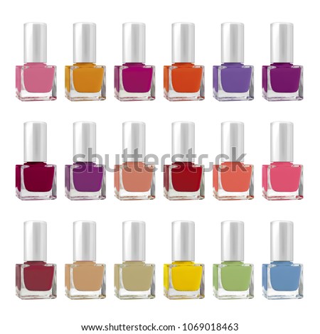 Colorful big set of nail polish square bottles, isolated on white background, clipping paths included