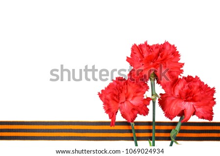 Red carnations with St. George's ribbon isolated on white background. May 9 day of victory in the great Patriotic war of 1941-1945