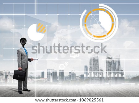 Businessman with camera instead of head and media user interface on screen