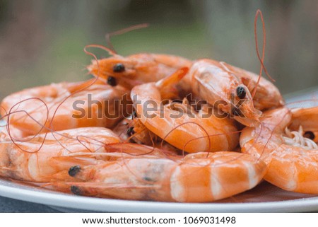 Texture of Boiled Shrimp in a shell with steam on a plate on a green background