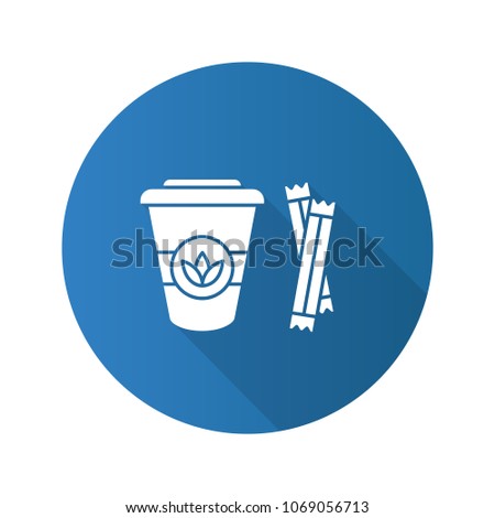 Tea to go with sugar sachets flat design long shadow glyph icon. Disposable tea cup with lid. Vector silhouette illustration