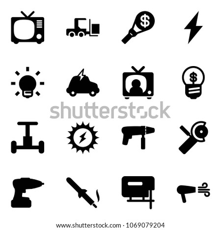 Solid vector icon set - tv vector, fork loader, money torch, lightning, bulb, electric car, news, business idea, gyroscope, sun power, drill machine, Angular grinder, soldering iron, jig saw, dryer