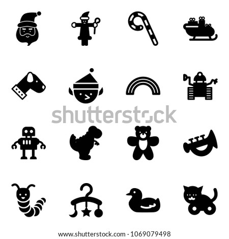 Solid vector icon set - santa claus vector, lollipop, sleigh, dog, christmas elf, rainbow, robot, dinosaur toy, bear, horn, caterpillar, baby carousel, duck, cat