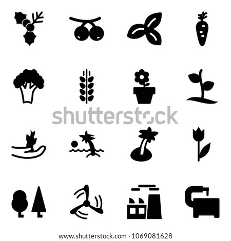 Solid vector icon set - holly vector, rowanberry, three leafs, carrot, broccoli, spica, flower pot, sproute, hand, palm, tulip, forest, wind mill, plant, machine tool