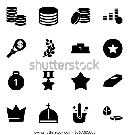 Solid vector icon set - coin vector, money torch, golden branch, pedestal, star medal, gold, crown, casting of steel, constructor blocks
