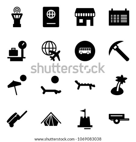 Solid vector icon set - airport tower vector, passport, duty free, schedule, baggage scales, plane globe, bus road sign, rock axe, beach, lounger, palm, suitcase, tent, sand castle, trailer