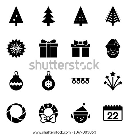 Solid vector icon set - christmas tree vector, firework, gift, santa claus, ball, garland, wreath, elf, calendar