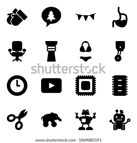 Solid vector icon set - gloves vector, merry christmas message, flag garland, stomach, office chair, award, swimsuit, piston, clock, playback, cpu, chip, scissors, elephant wheel, robot