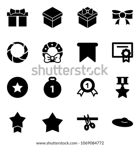 Solid vector icon set - gift vector, bow, christmas wreath, flag, certificate, star medal, gold, opening, woman hat