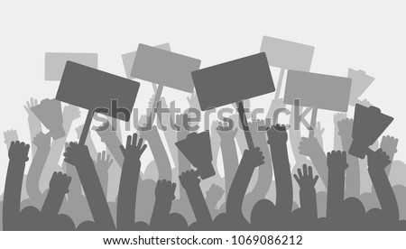Political protest with silhouette protesters hands holding megaphone, banners and flags. Strike, revolution, conflict vector background. Illustration strike political protester and demonstration Royalty-Free Stock Photo #1069086212