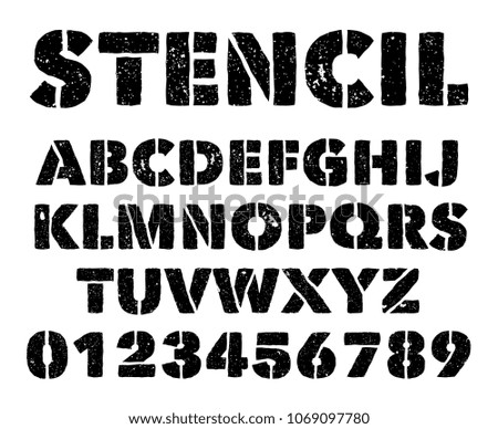 Military stencil letters and numbers. Spray painted army grunge alphabet. Vintage graffiti vector font alphabet type and stencil number illustration Royalty-Free Stock Photo #1069097780