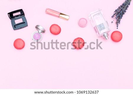 Women's cosmetics and accessories. Flat lay