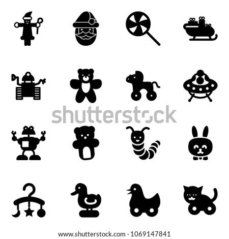 Solid vector icon set - santa claus vector, lollipop, sleigh, robot, bear toy, wheel horse, ufo, caterpillar, rabbit, baby carousel, duck, cat