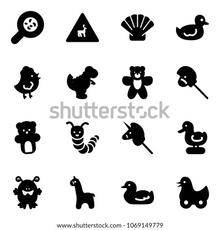 Solid vector icon set - bacteria vector, wild animals road sign, shell, duck toy, chicken, dinosaur, bear, horse stick, caterpillar, unicorn, monster, giraffe
