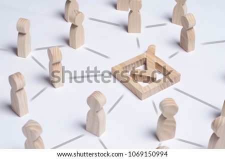 People gathered around the checkboxes connected by lines. People make a group choice. Democratic elections, collective decision and choice, referendum. Concept forum of people. Check mark Royalty-Free Stock Photo #1069150994