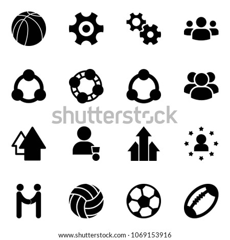 Solid vector icon set - basketball ball vector, gear, group, social, friends, community, arrow up, winner, arrows, star man, agreement, volleyball, soccer, football