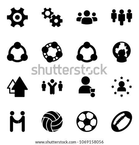 Solid vector icon set - gear vector, group, social, friends, community, man globe, arrow up, team leader, winner, star, agreement, volleyball, soccer ball, football