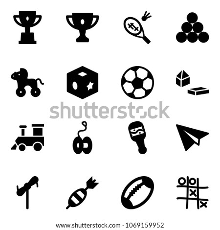 Solid vector icon set - win cup vector, gold, badminton, billiards balls, wheel horse, cube toy, soccer ball, constructor blocks, train, yoyo, beanbag, paper plane, windmill, dart, football