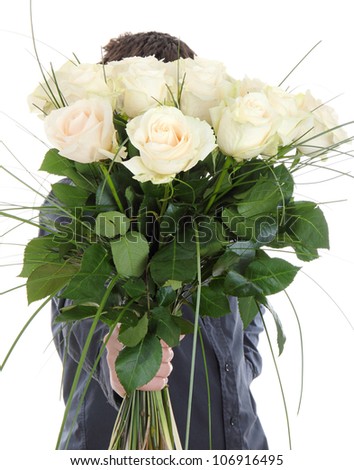  man hand holding bunch of white roses isolated on white background