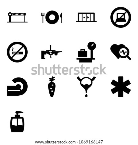 Solid vector icon set - barrier vector, plate spoon fork, automatic doors, no computer sign, smoking, boarding passengers, baggage scales, heart diagnosis, mri, carrot, bladder, ambulance star