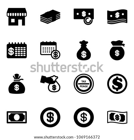 Solid vector icon set - duty free vector, dollar, cash, finance calendar, money bag, encashment, tax peage road sign