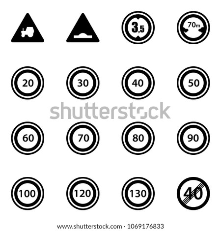 Solid vector icon set - tractor way vector road sign, artificial unevenness, limited height, distance, speed limit 20, 30, 40, 50, 60, 70, 80, 90, 100, 120, 130, end