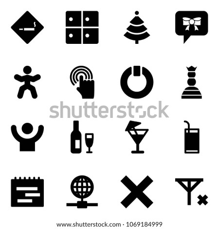 Solid vector icon set - smoking area sign vector, baggage room, christmas tree, bow message, gymnastics, hand cursor, standby, chess queen, success, wine, drink, terms plan, globe, delete, no signal
