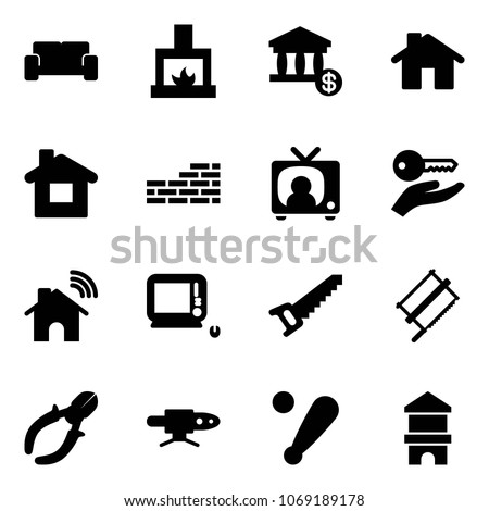 Solid vector icon set - vip waiting area vector, fireplace, account, home, brick wall, tv news, key hand, wireless, monoblock pc, saw, bucksaw, side cutters, pipe welding, baseball bat